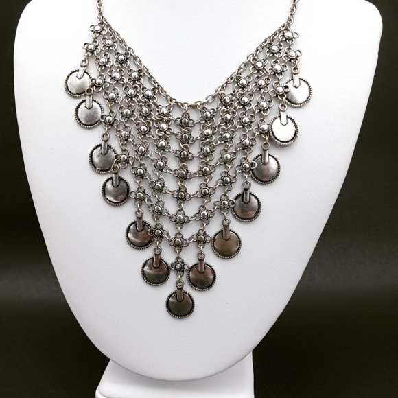Boho Coin Necklace Gypsy Bib Silver Tone Chain Mail - Picture 2 of 4